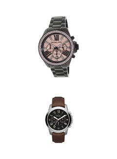 women Casual Analog Wrist Watch Mk5879 With Men'S Grant Round Shape Leather Band Chronograph Wrist Watch 44 Mm - Brown - Fs4813Ie - v1639581801/N52173668A_1