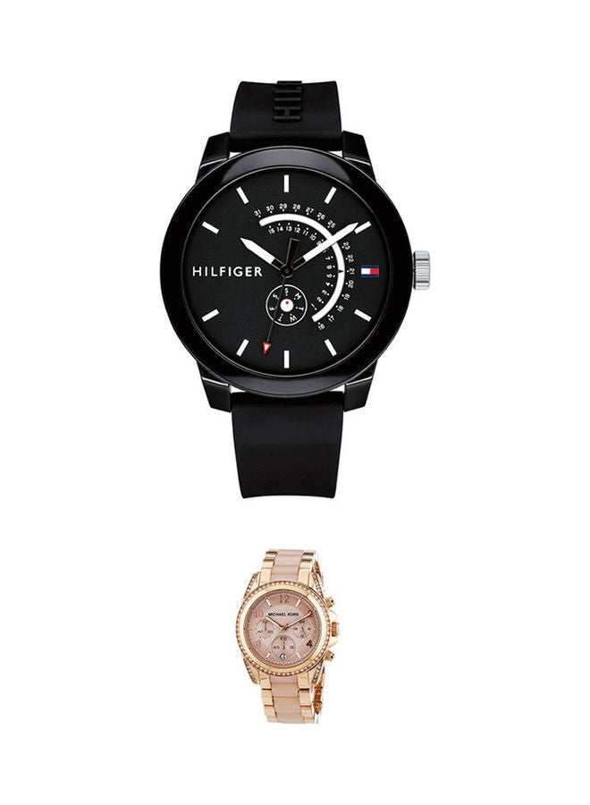 TOMMY HILFIGER men Round Silicone Analog Wrist Watch 1791483 With Water Resistant Chronograph Watch MK5943 Set - Image 1