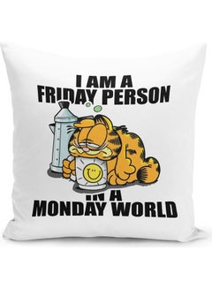 LIT Funny Garfield Monday Quote Themed Throw Pillow White/Pink/Yellow 16x16inch  - Image 1
