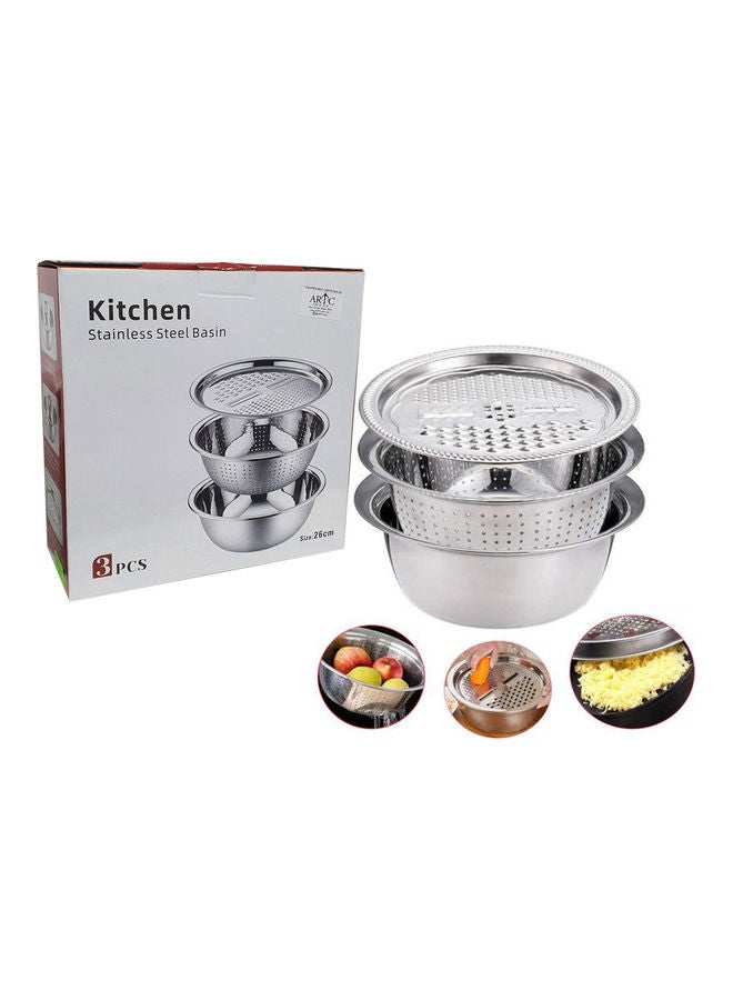 ARTC 3 In 1 Multifunctional Basin Bowl Set With Grater Silver 26x26x11cm - Image 1