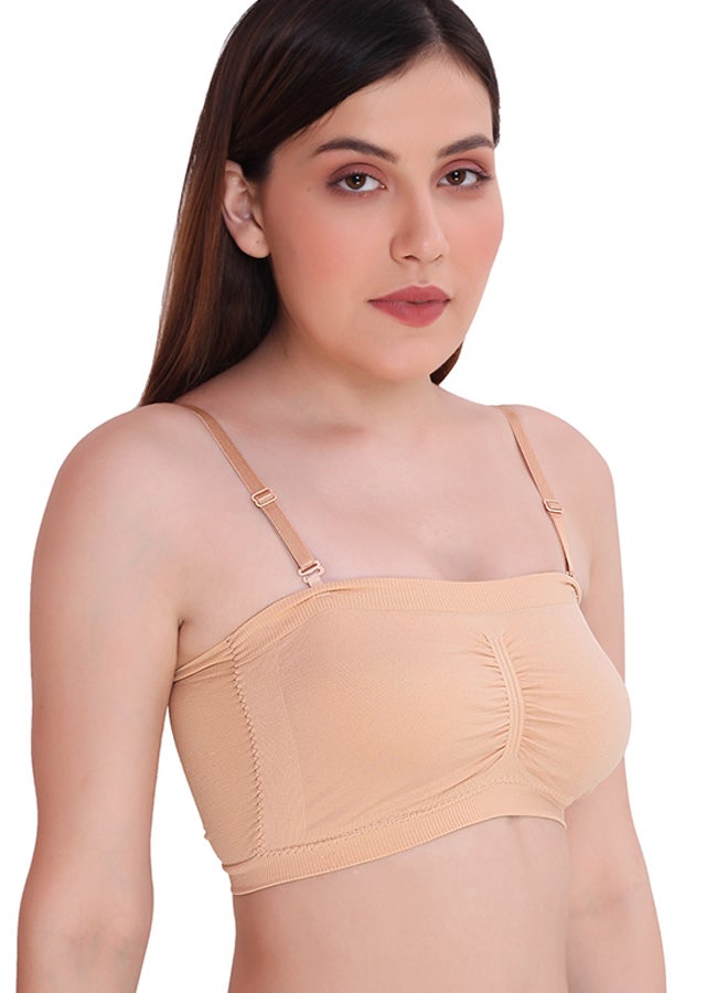 Glamroot Women's Padded Strechable Seamless Strapless Multi-Way Tube Bra With Back Hook Closure And Removable Straps And Pads Free Size Beige - Image 5