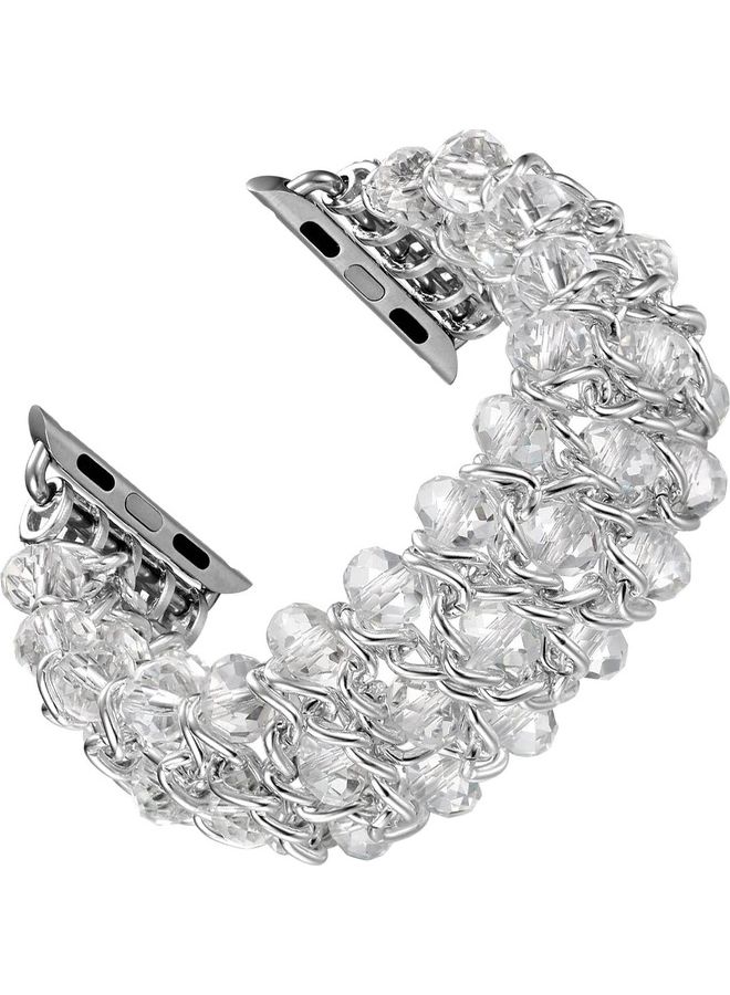 Rock Pow - Replacement Crystal Beaded Stretch Elastic Strap For Apple Watch iWatch Series 7/6/5/4/3/2/1 38/40/41MM White - Image 1