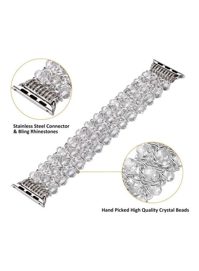 Rock Pow - Replacement Crystal Beaded Stretch Elastic Strap For Apple Watch iWatch Series 7/6/5/4/3/2/1 38/40/41MM White - Image 1
