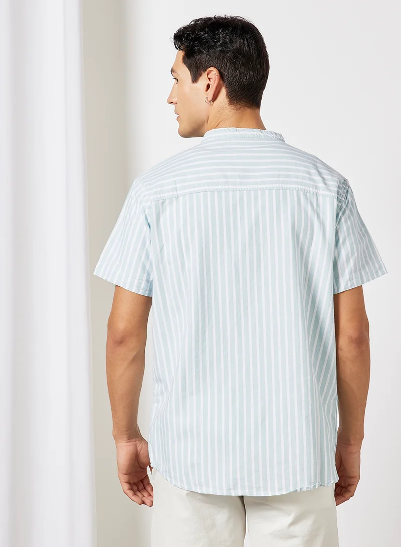 STATE 8 Mandarin Collar Striped Shirt Blue/White