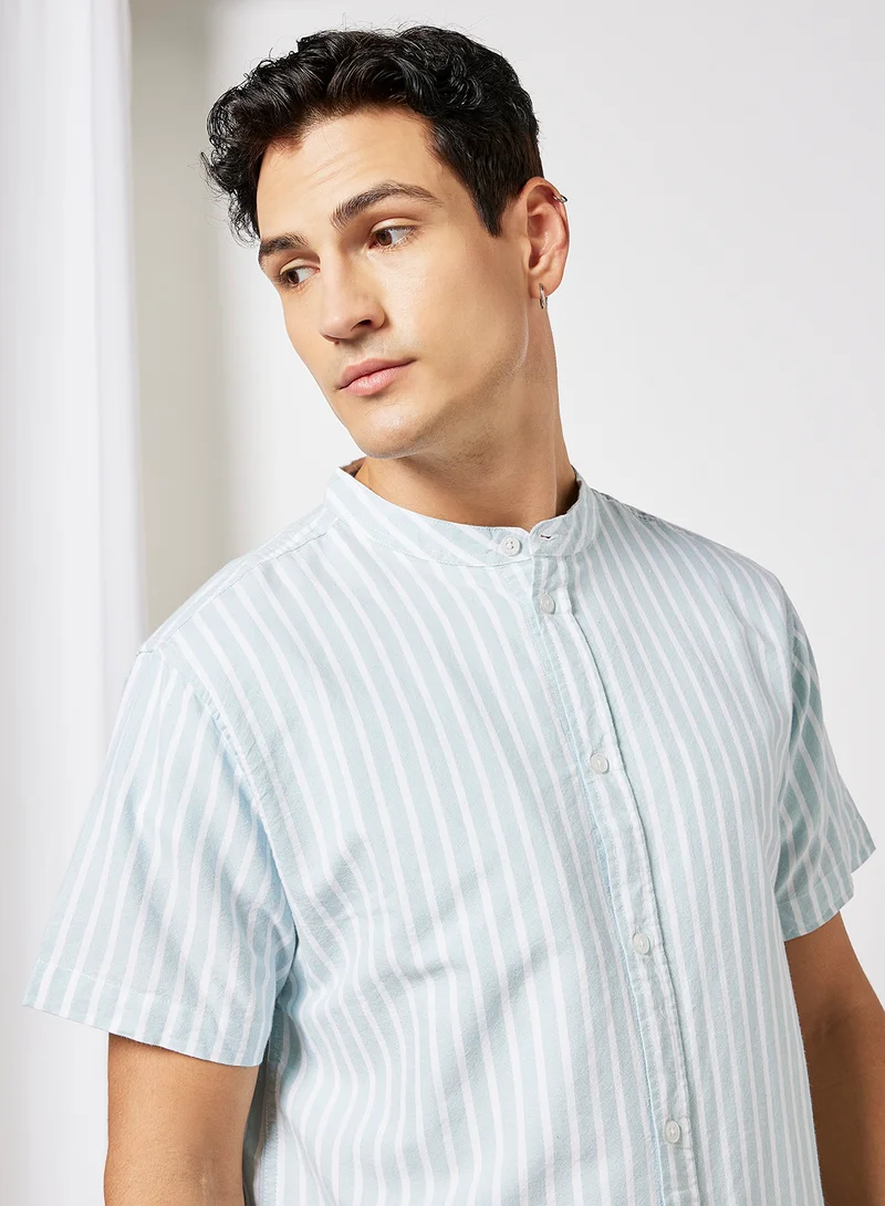 STATE 8 Mandarin Collar Striped Shirt Blue/White