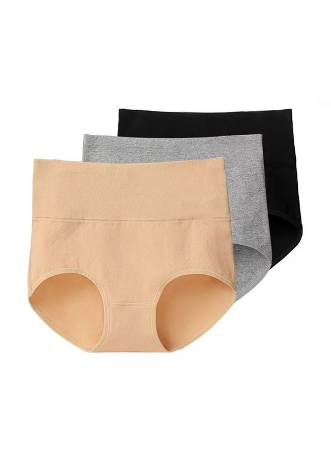 Generic Pack of 3 Women's Cotton High Waist Full Coverage Hipster Panty, Free size Black/Beige/Grey  - Image 1