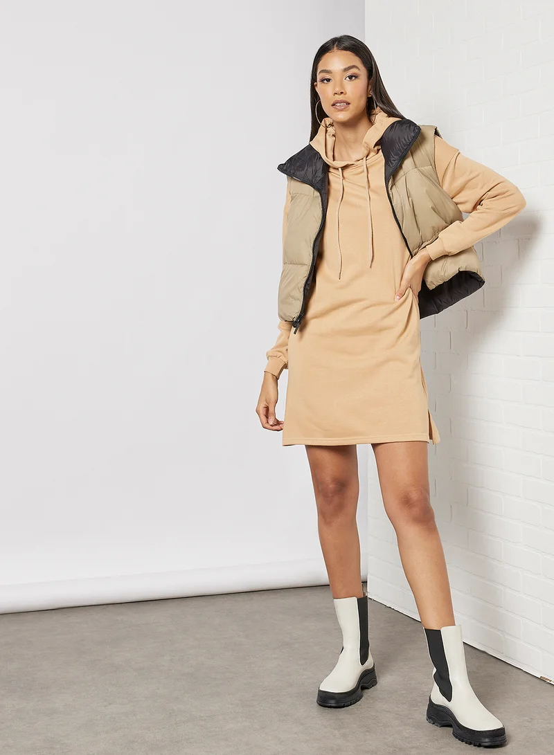 PIECES Hooded Sweat Dress Beige
