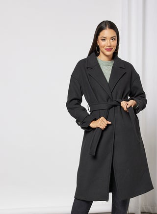 Collared Neck Longline Coat Black - v1640162261/N46048893V_1