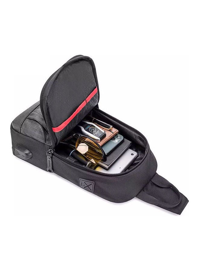 Golden Wolf Crossbody Chest One Shoulder Waterproof Backpack Bag With Usb Black Grid  - Image 2