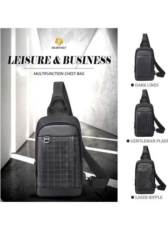 Golden Wolf Crossbody Chest One Shoulder Waterproof Backpack Bag With Usb Black Grid  - Image 3