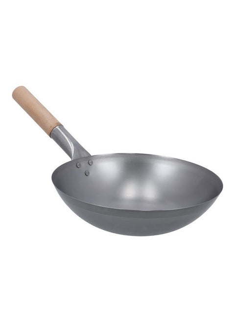 Iron Wok Pan With Wooden Handle Stir Fry Pans Silver With Brown Handle 30cm