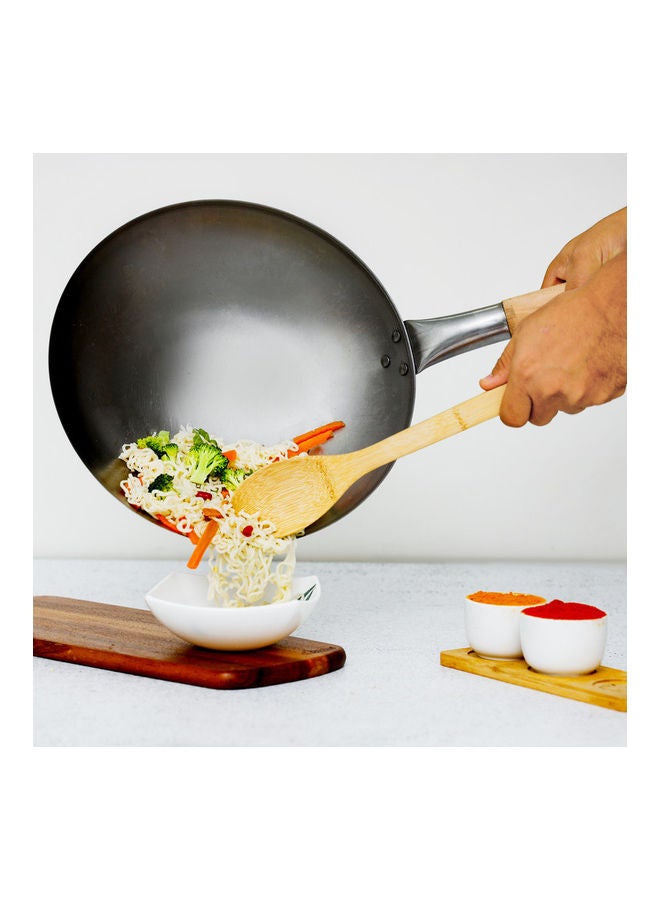 Royalford - Iron Wok Pan With Wooden Handle Stir Fry Pans Silver With Brown Handle 30cm - Image 1