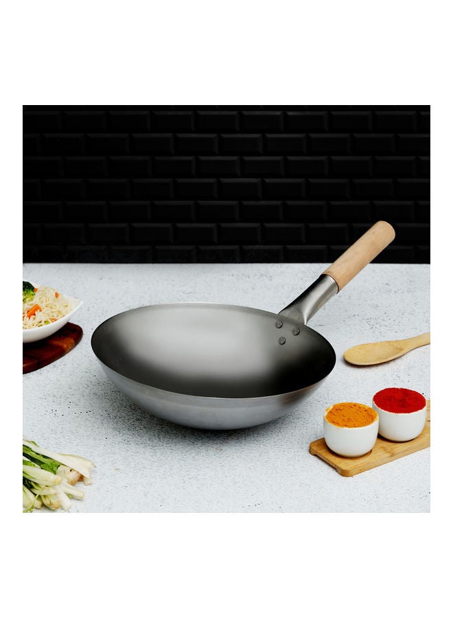 Royalford - Iron Wok Pan With Wooden Handle Stir Fry Pans Silver With Brown Handle 30cm - Image 1