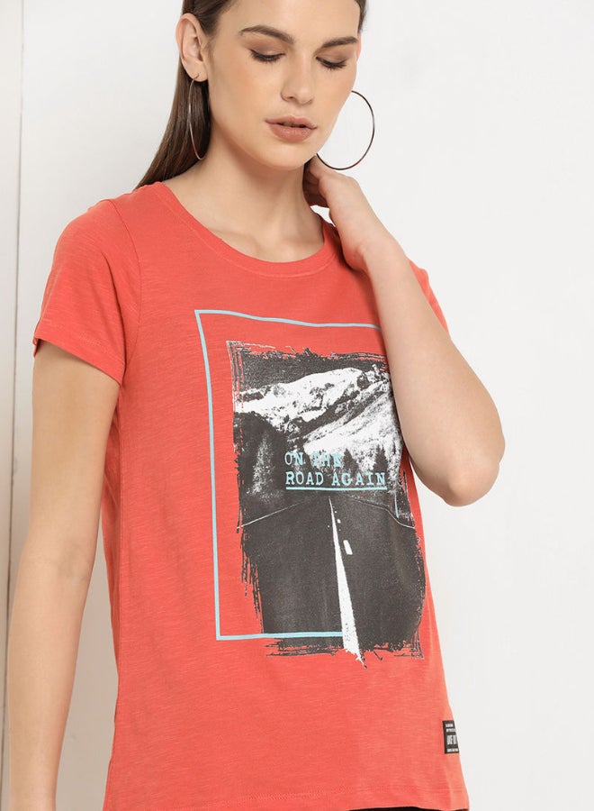 ABOF On The Road Again Graphic Printed Regular Fit Round Neck T-Shirt Orange  - Image 4