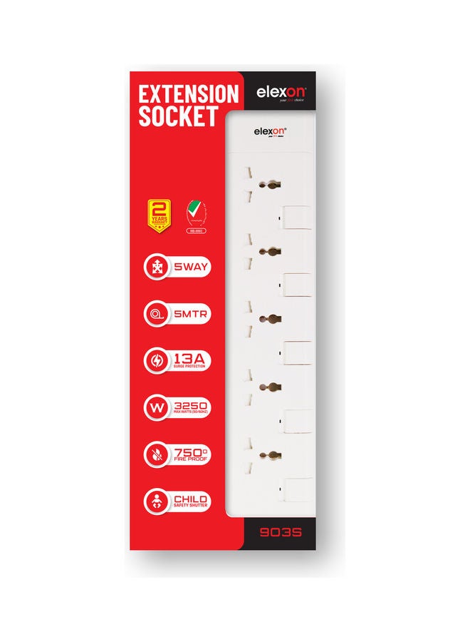 elexon - Power Extension 5-Way Socket 5 Meter Multi Device Cord For Home and Office White 40cm - Image 1