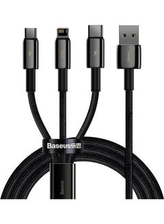 بيسوس كابل 1 إلى 3 تنجستين ذهبي للشحن السريع ونقل البيانات  من USB إلى M+L+C بقوة 3.5 أمبير وطول 1.5 متر لون أسود.  - Image 1