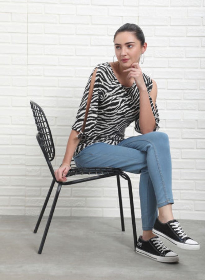 DRIP - Animal Printed Regular Fit Round Neck Three-Quarter Sleeve Top Black/White - Image 1