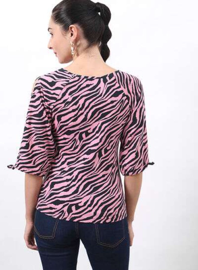DRIP - Animal Printed Regular Fit Round Neck Three-Quarter Sleeve Top Pink/Black - Image 1