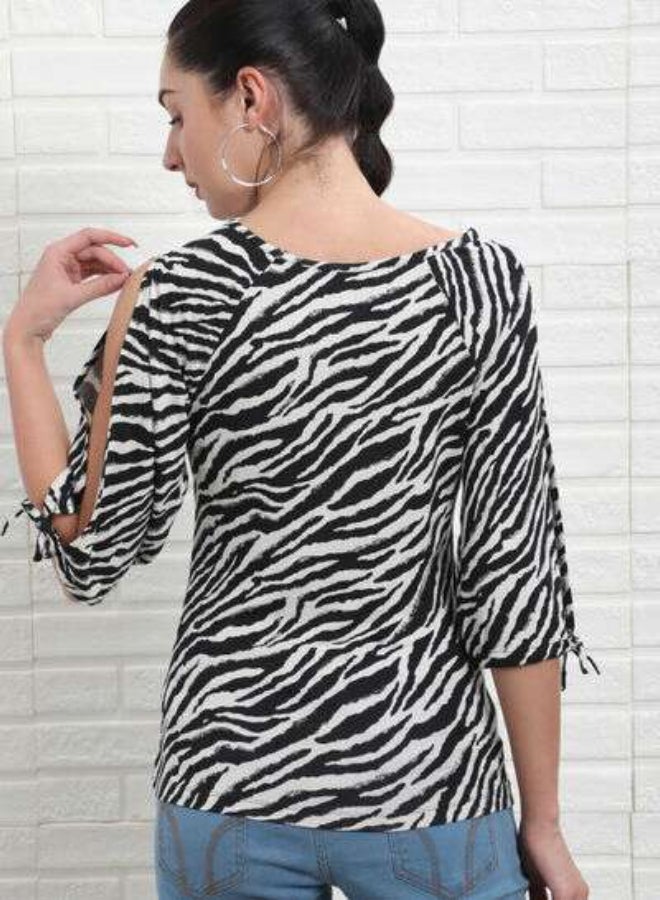 DRIP - Animal Printed Regular Fit Round Neck Three-Quarter Sleeve Top Black/White - Image 1