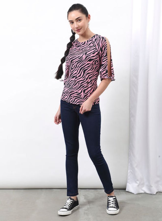 DRIP - Animal Printed Regular Fit Round Neck Three-Quarter Sleeve Top Pink/Black - Image 1