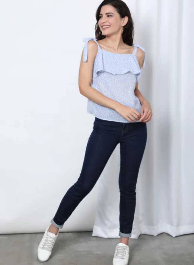 DRIP Printed Regular Fit Straps Frilled Square Neck Top Skyblue