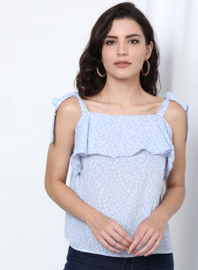 DRIP Printed Regular Fit Straps Frilled Square Neck Top Skyblue