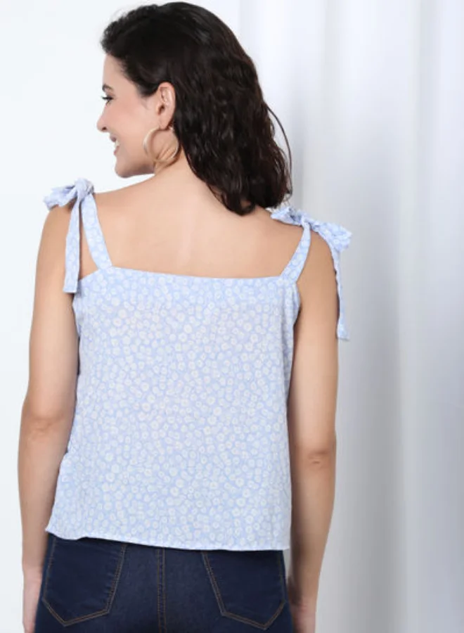 DRIP Printed Regular Fit Straps Frilled Square Neck Top Skyblue
