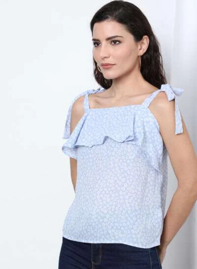 DRIP Printed Regular Fit Straps Frilled Square Neck Top Skyblue
