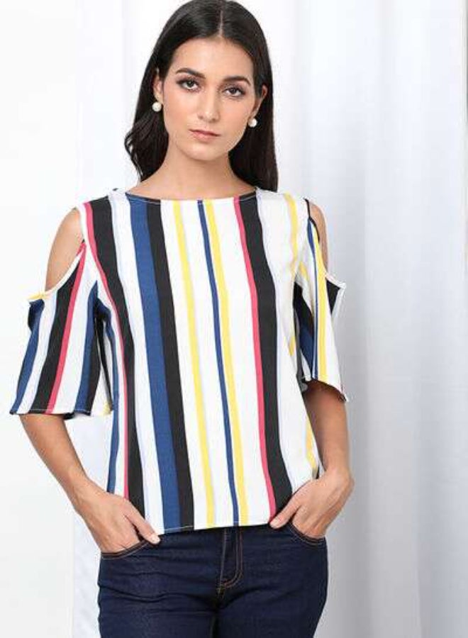 DRIP Stripes Slim Fit Round Neck Cold Shoulder Top White Multicolour  - Image 1