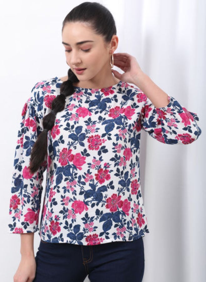 DRIP Floral Printed Round Neck Three-Quarter Sleeve Top White  - Image 1