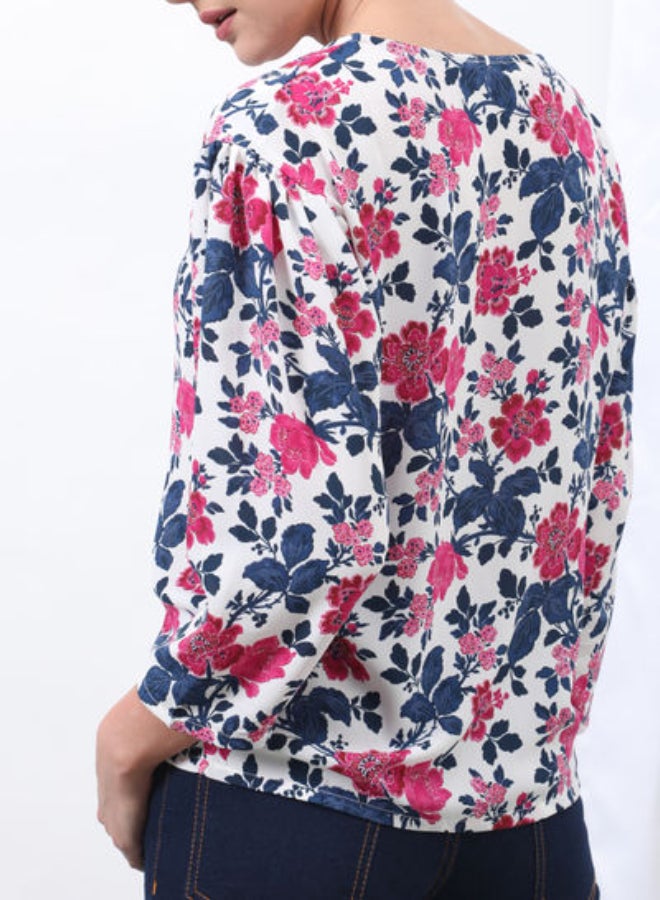 DRIP Floral Printed Round Neck Three-Quarter Sleeve Top White  - Image 2