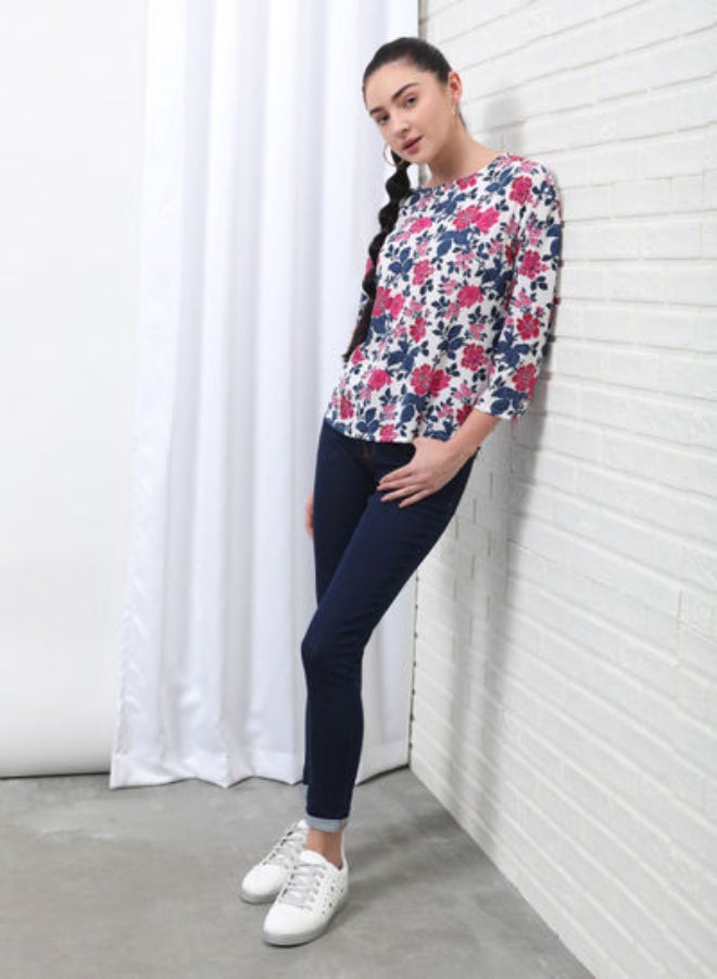 DRIP Floral Printed Round Neck Three-Quarter Sleeve Top White  - Image 3