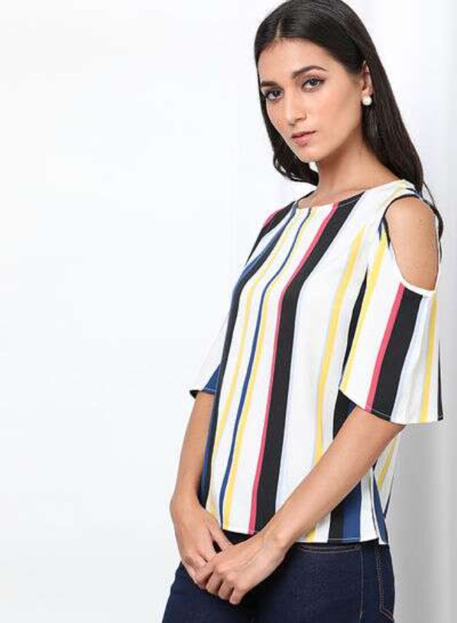 DRIP Stripes Slim Fit Round Neck Cold Shoulder Top White Multicolour  - Image 3
