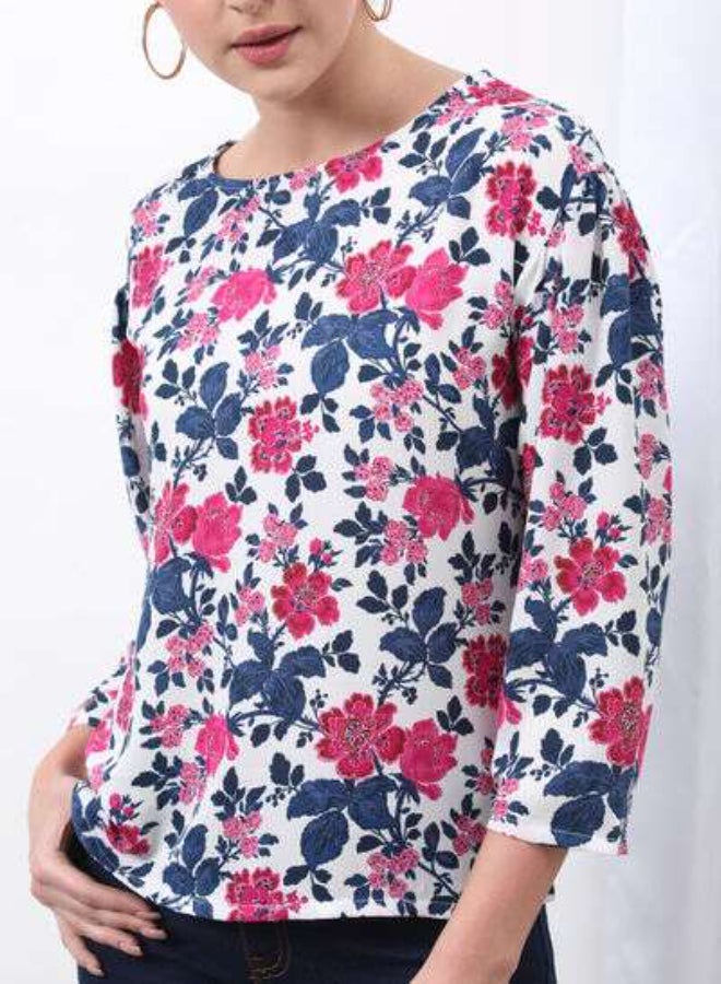 DRIP Floral Printed Round Neck Three-Quarter Sleeve Top White  - Image 4