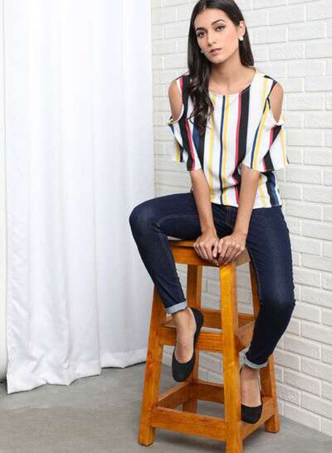 DRIP Stripes Slim Fit Round Neck Cold Shoulder Top White Multicolour  - Image 4