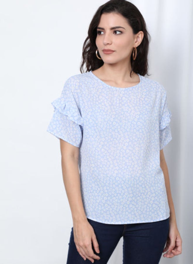 Printed Regular Fit Round Neck Flared Sleeve Top Sky Blue - v1640246221/N46731825V_1