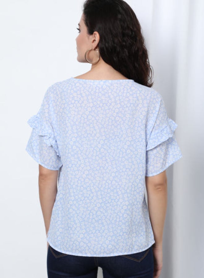 Printed Regular Fit Round Neck Flared Sleeve Top Sky Blue - v1640246223/N46731825V_2