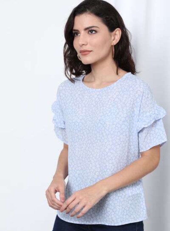 Printed Regular Fit Round Neck Flared Sleeve Top Sky Blue - v1640246223/N46731825V_3