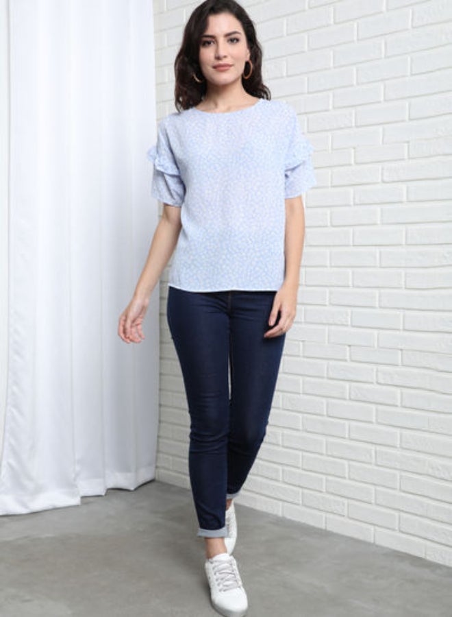 DRIP Printed Regular Fit Round Neck Flared Sleeve Top Sky Blue  - Image 4
