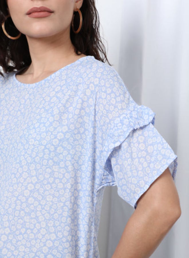 DRIP Printed Regular Fit Round Neck Flared Sleeve Top Sky Blue  - Image 5