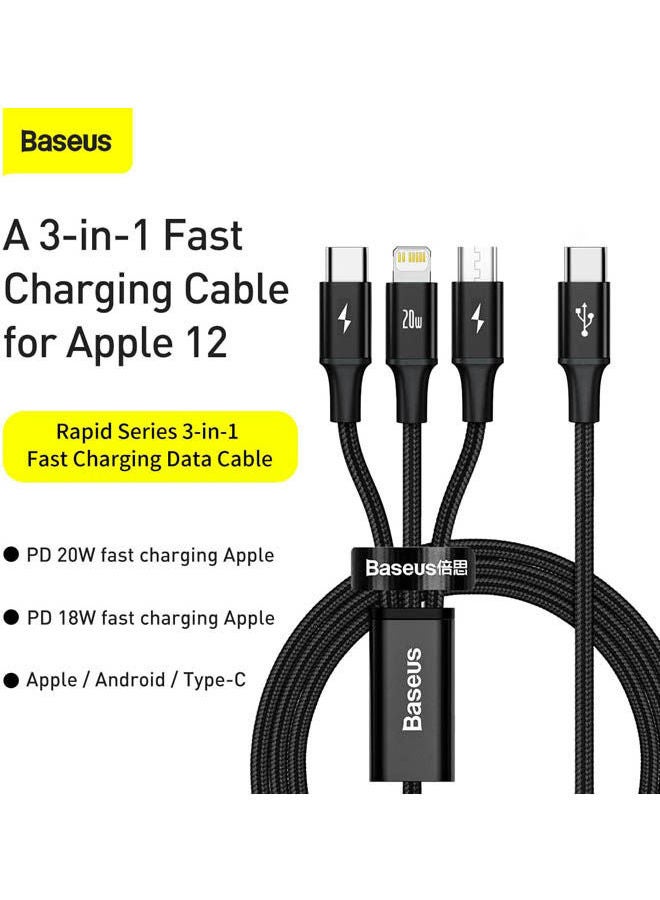 Baseus Rapid Series 3-In-1 Fast Charging Data Cable Type-C To C+L+C Pd 20W 1.5M Black - Image 2