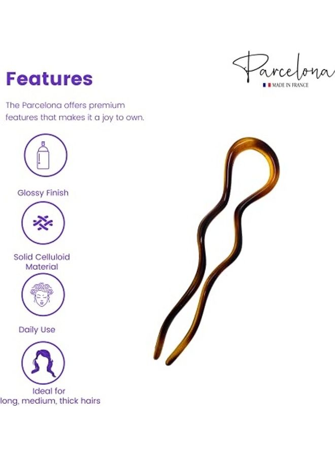 Parcelona French Wavy Long Tortoise Shell Extra Large Celluloid Made in France Crink U Shape Hair Bun Holder Pin Stick for Women and Girls 5 inch Brown - Image 1