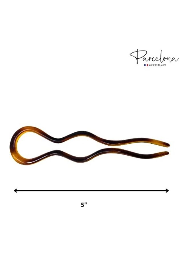 Parcelona French Wavy Long Tortoise Shell Extra Large Celluloid Made in France Crink U Shape Hair Bun Holder Pin Stick for Women and Girls 5 inch Brown - Image 3