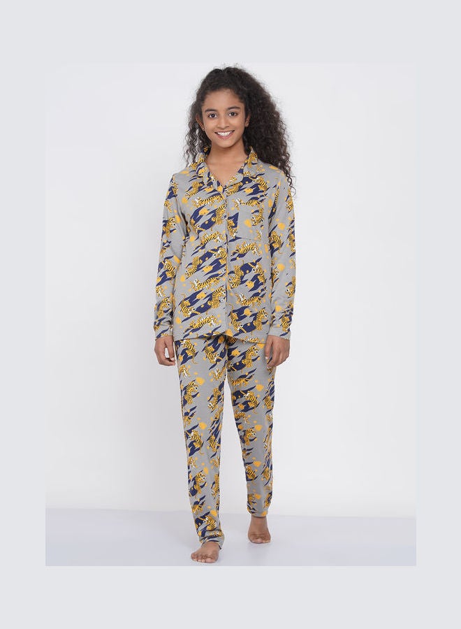 LAUREN Smith Girls Notched Collared Printed Pyjama Set Multicolour  - Image 1
