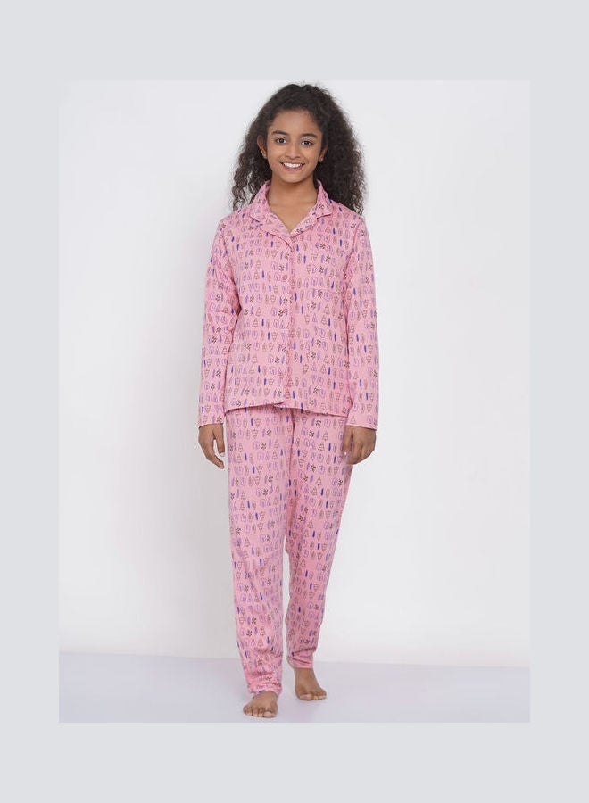 Girls Notched Collared Printed Pyjama Set Multicolour - v1640347198/N52231177V_1