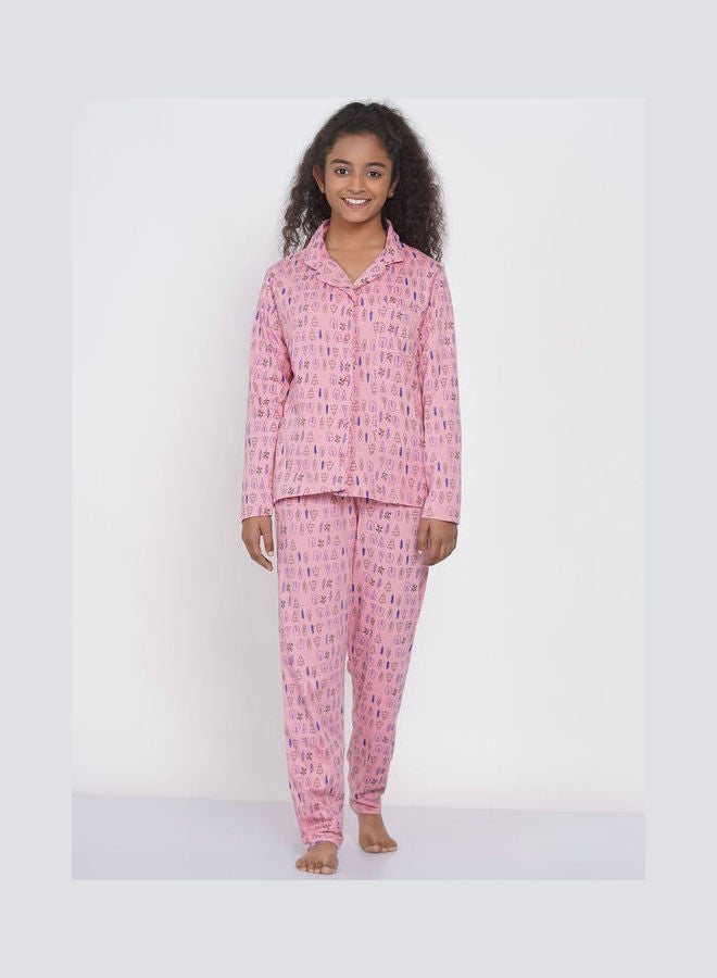 LAUREN Smith Girls Notched Collared Printed Pyjama Set Multicolour  - Image 1