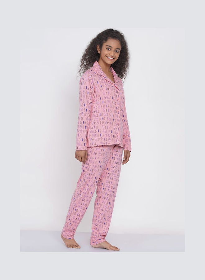 Girls Notched Collared Printed Pyjama Set Multicolour - v1640347198/N52231177V_2