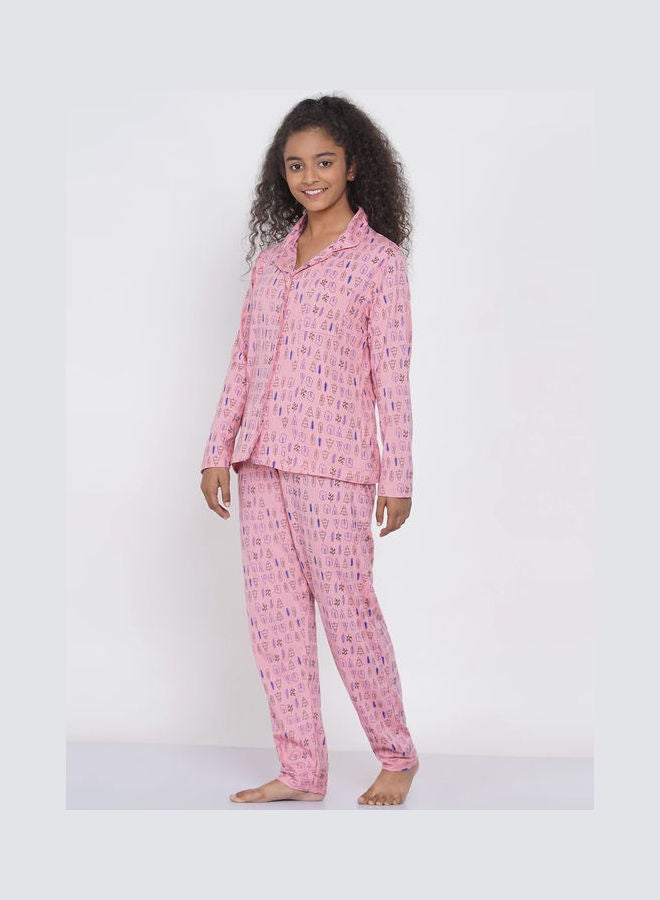 Girls Notched Collared Printed Pyjama Set Multicolour - v1640347198/N52231177V_3