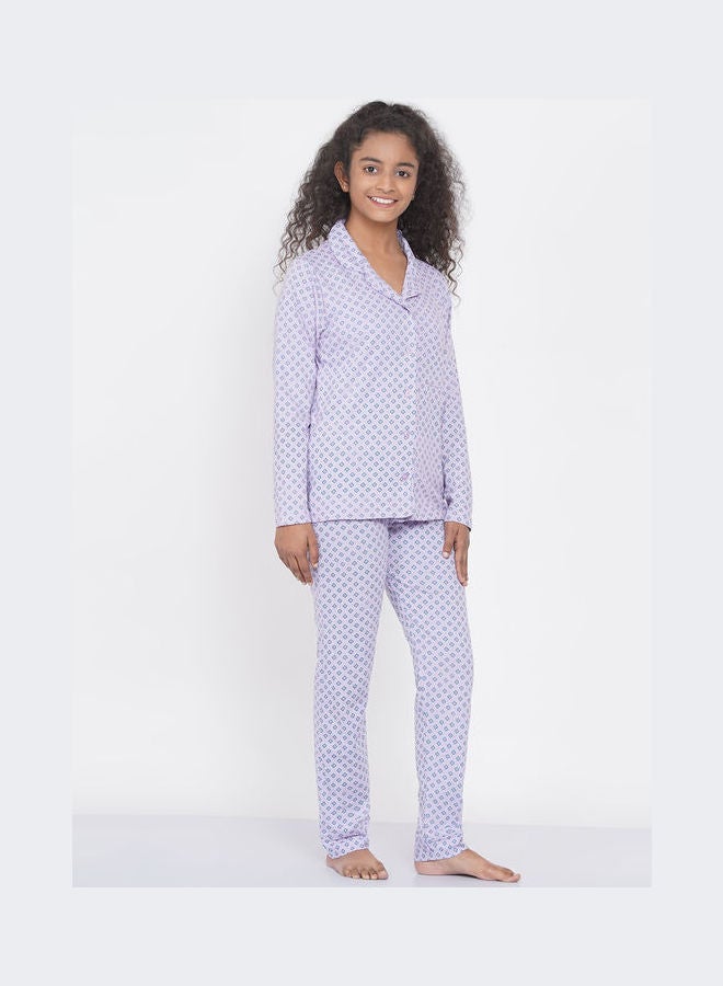 Girls Notched Collared Printed Pyjama Set Multicolour - v1640347200/N52231172V_2