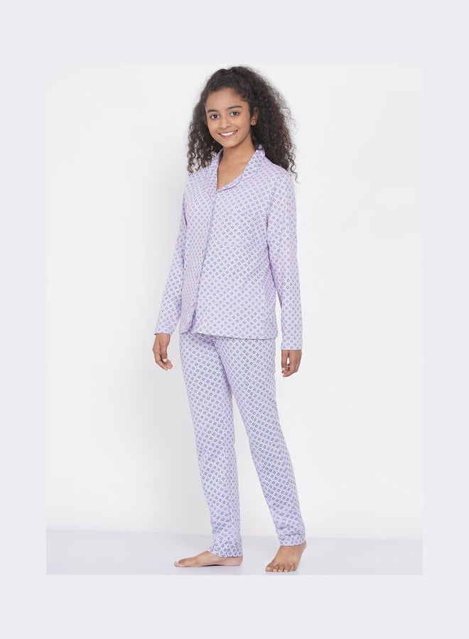 Girls Notched Collared Printed Pyjama Set Multicolour - v1640347200/N52231172V_3